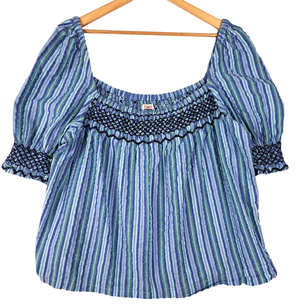Faherty Top Womens Large Presley Seersucker Coast Boho Smocked Peasant Fairycore